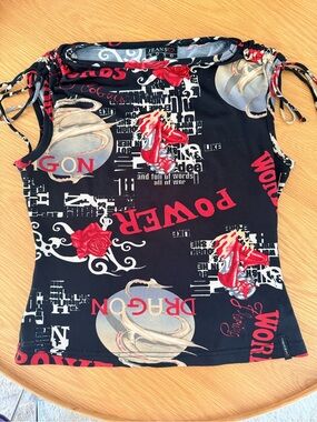 XOXO JEANS Vintage Black & Red Graphic Sleeveless Top